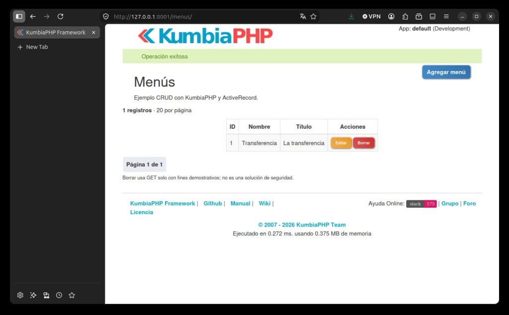 Lista de menús mostrando el título actualizado del registro editado